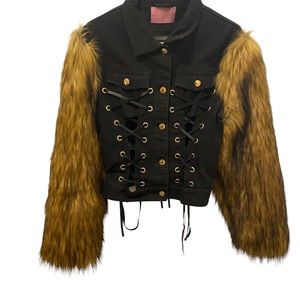 Azalea Wang “Midnight” Denim laced jacket with faux fur sleeves; Large